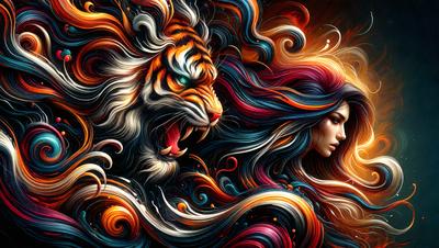 The primary subject of the image is a woman with long, flowing hair. She is depicted in a vibrant and colorful manner, with her hair flowing in a swirling pattern. The setting is a combination of a tiger and a floral background, creating a unique and eye-catching visual style. The colors and mood of the image are lively and energetic, with the woman's hair being the main focus of the artwork.